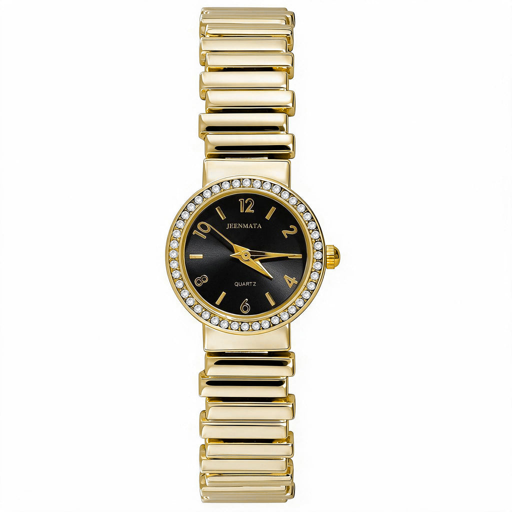 JeenMata Women's Gold & Black Expansion Watch - Black Dial with Rhinestone Bezel, Gold Stainless Steel Stretch Band, Water Resistant