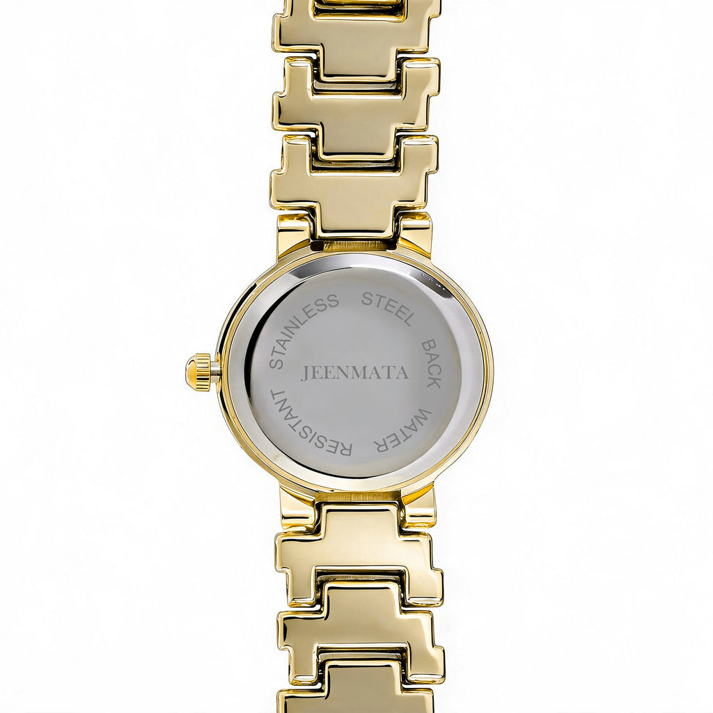 JeenMata Women's Gold & Black Expansion Watch - Black Dial with Rhinestone Bezel, Gold Stainless Steel Stretch Band, Water Resistant