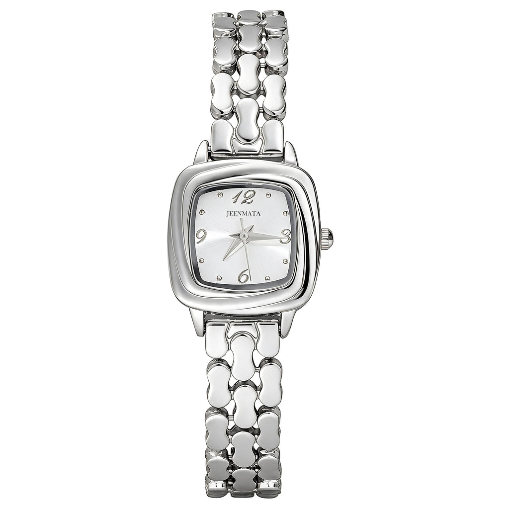 JeenMata Women's Monochrome Silver Watch - White Cushion Dial, Silver Stainless Steel Open-Link Bracelet, Water Resistant Dress Watch