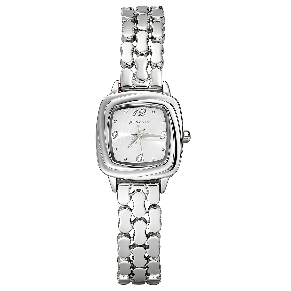 JeenMata Women's Monochrome Silver Watch - White Cushion Dial, Silver Stainless Steel Open-Link Bracelet, Water Resistant Dress Watch