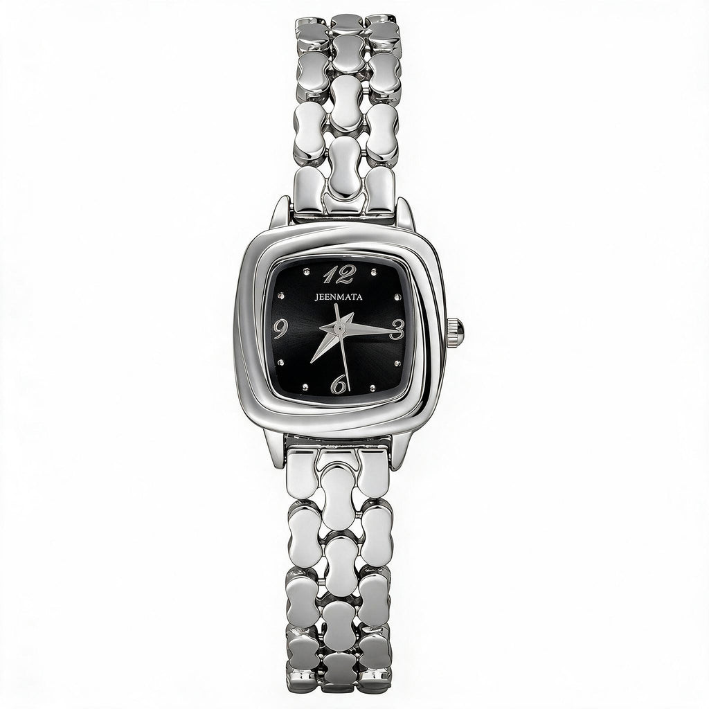JeenMata Women's Silver & Black Dress Watch - Black Cushion Dial, Silver Stainless Steel Bracelet, Water Resistant Quartz Watch