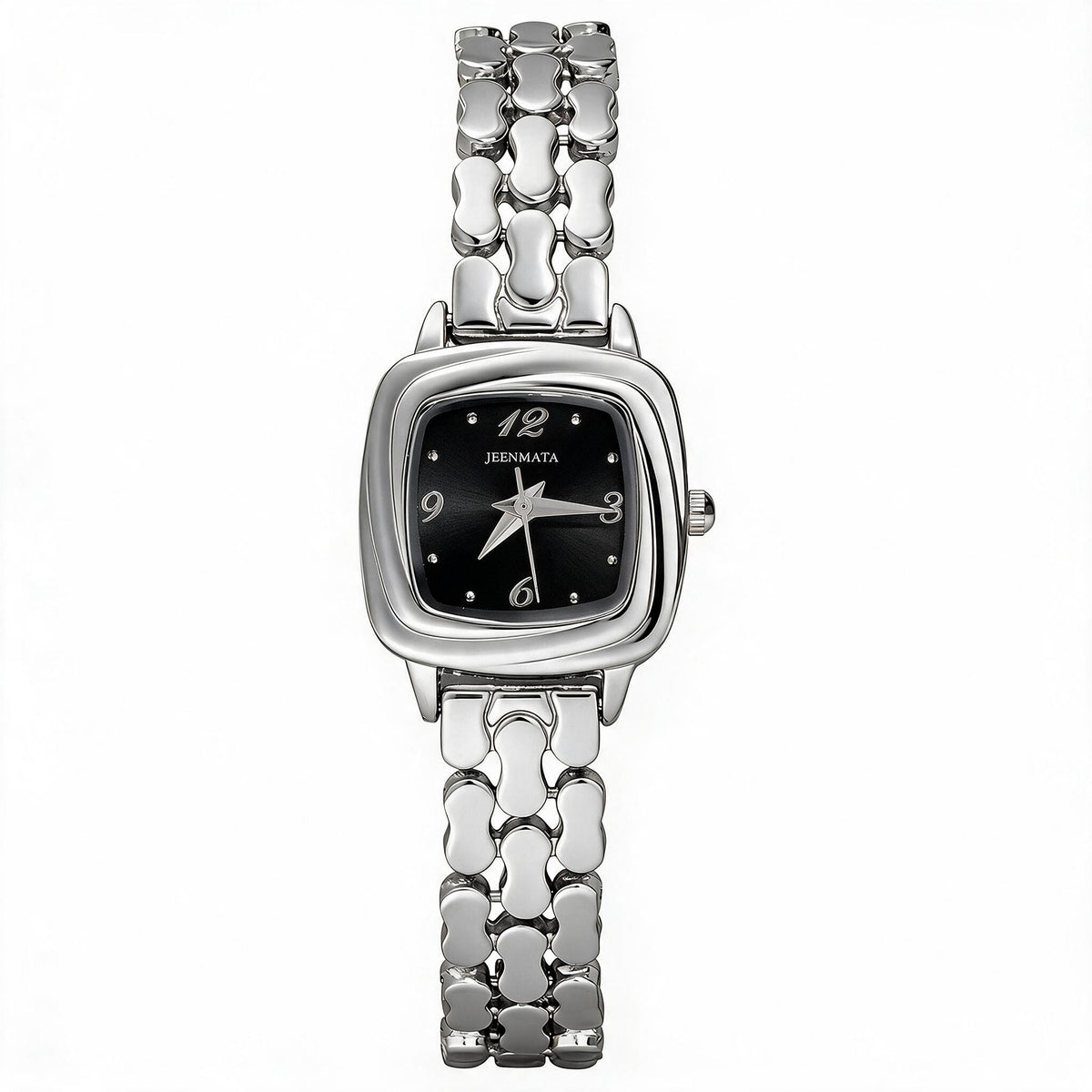 JeenMata Women's Silver & Black Dress Watch - Black Cushion Dial, Silver Stainless Steel Bracelet, Water Resistant Quartz Watch