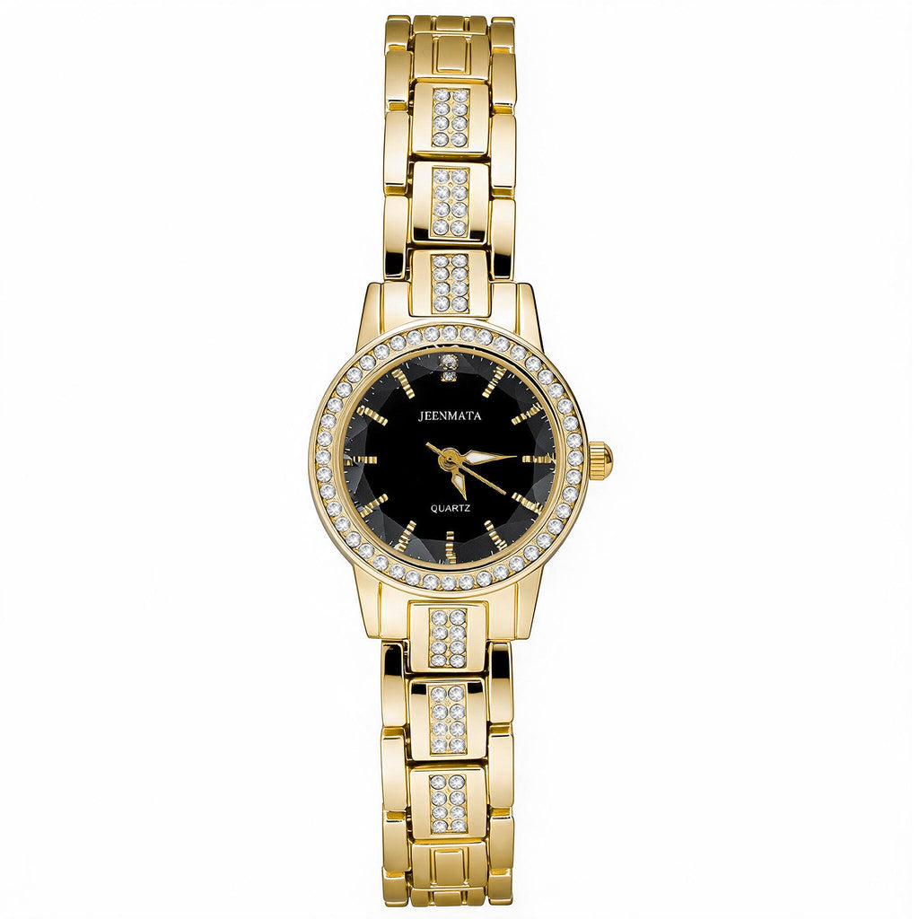 JeenMata Women's Gold & Black Dress Watch - Rhinestone Accent Bezel & Band, Black Dial, Water Resistant Stainless Steel Watch