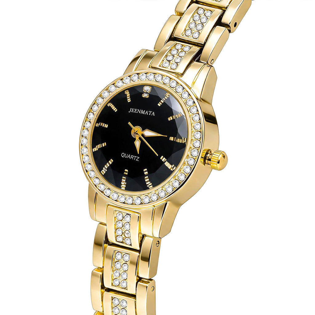 JeenMata Women's Gold & Black Dress Watch - Rhinestone Accent Bezel & Band, Black Dial, Water Resistant Stainless Steel Watch