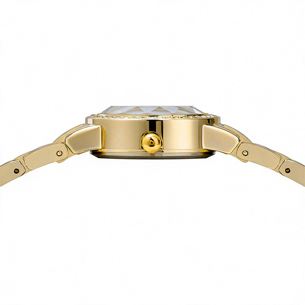 JeenMata Women's Gold & Black Dress Watch - Rhinestone Accent Bezel & Band, Black Dial, Water Resistant Stainless Steel Watch