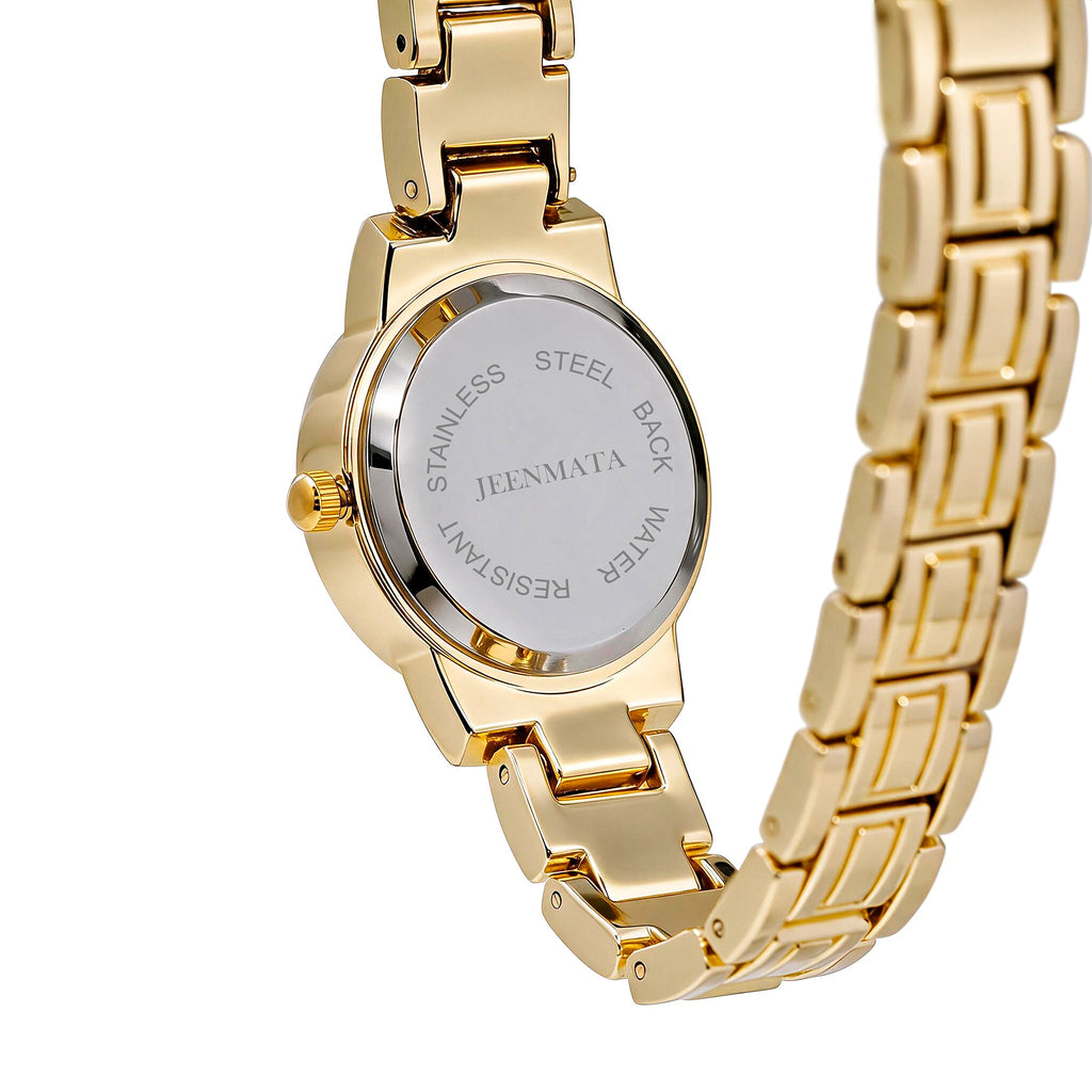 JeenMata Women's Gold & Black Dress Watch - Rhinestone Accent Bezel & Band, Black Dial, Water Resistant Stainless Steel Watch