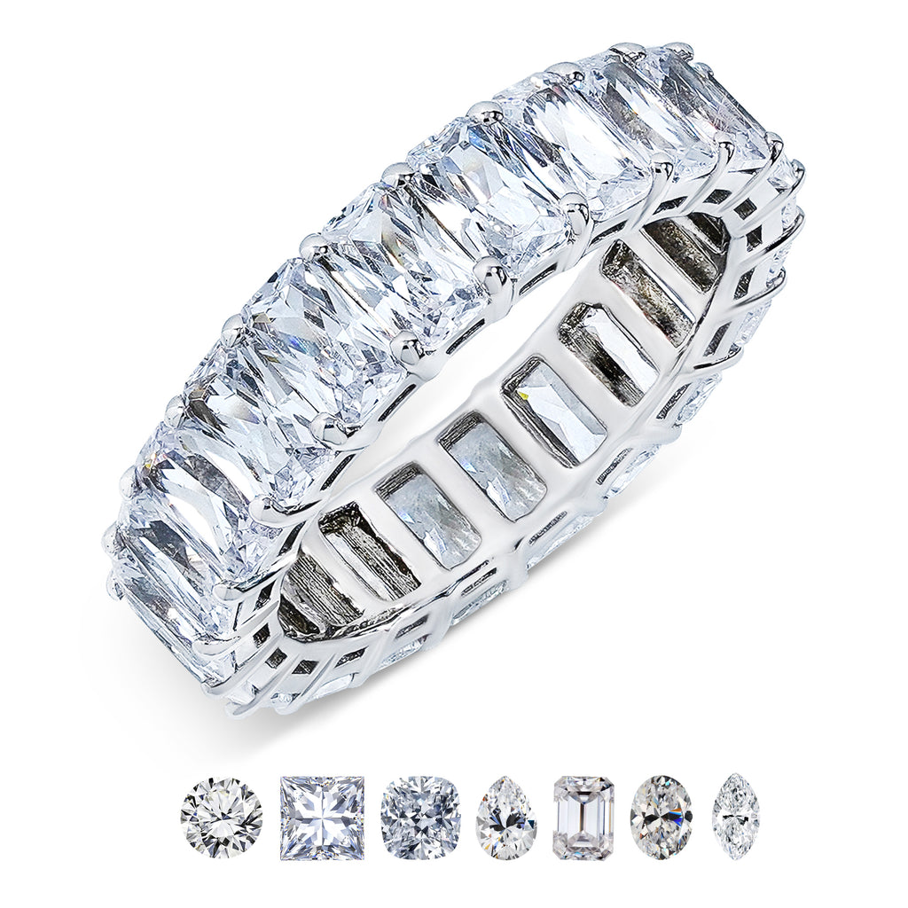 JeenMata 6.75 Carat Emerald Cut Moissanite Eternity Wedding Band - Classic Prong Style Wedding Ring in White Gold Plating for Women