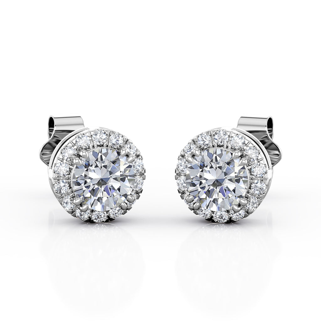 JeenMata 4 Prong Set 1.1 Carat Round Cut Moissanite Halo Stud Earrings in 18K White Gold Plating over Silver