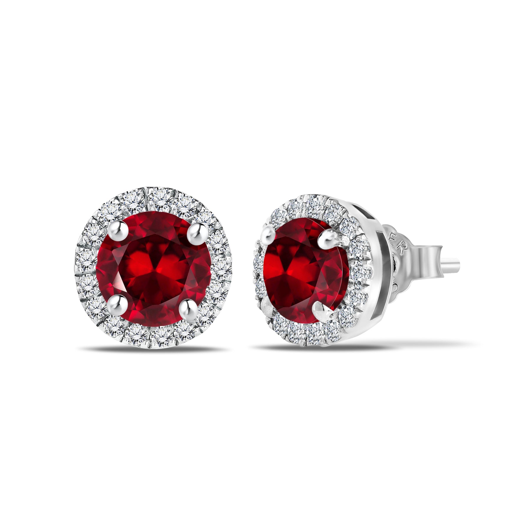 JeenMata 3 Carat - January Garnet Birthstone Halo Stud Earrings - Round Cut in 18K White Gold Plating for Women