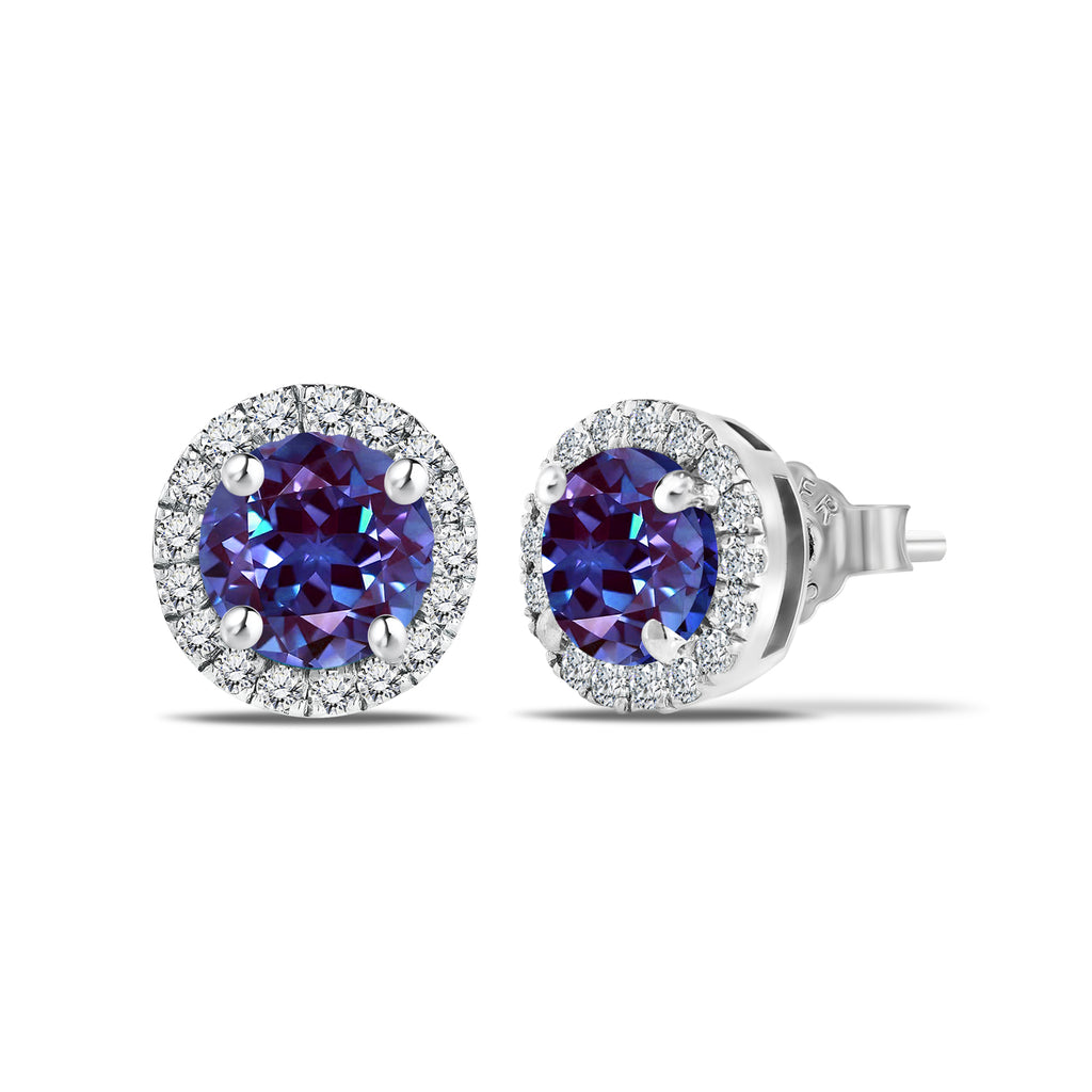 JeenMata 3 Carat - June Alexandrite Birthstone Halo Stud Earrings - Round Cut in 18K White Gold Plating for Women