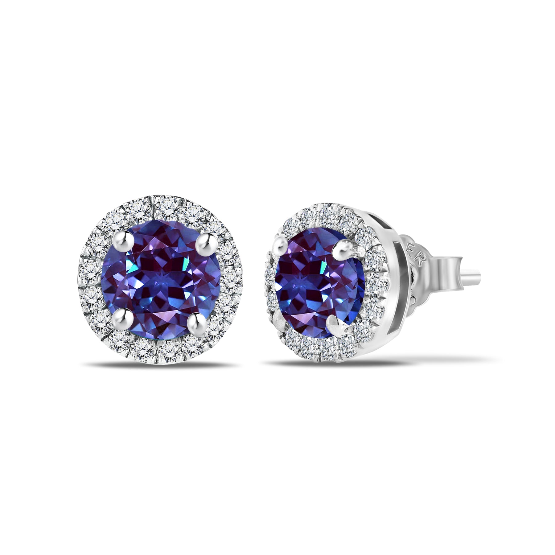 JeenMata 3 Carat - June Alexandrite Birthstone Halo Stud Earrings - Round Cut in 18K White Gold Plating for Women