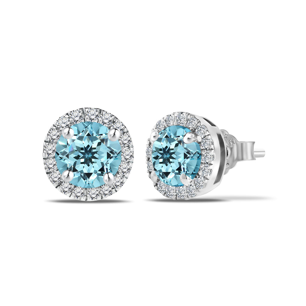 JeenMata 3 Carat - December Blue Topaz Birthstone Halo Stud Earrings - Round Cut in 18K White Gold Plating for Women
