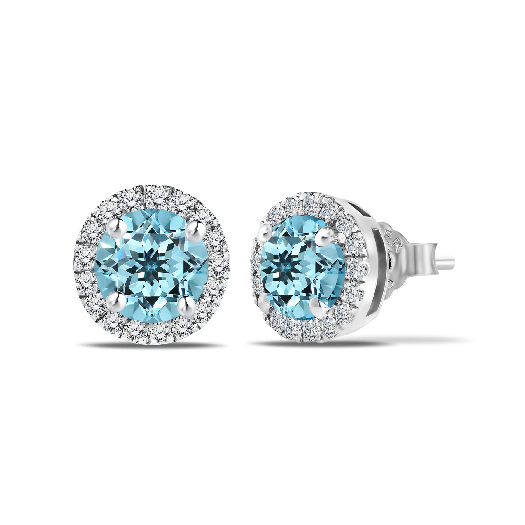 JeenMata 3 Carat - December Blue Topaz Birthstone Halo Stud Earrings - Round Cut in 18K White Gold Plating for Women