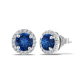 JeenMata 3 Carat - September Blue Sapphire Birthstone Halo Stud Earrings - Round Cut in 18K White Gold Plating for Women