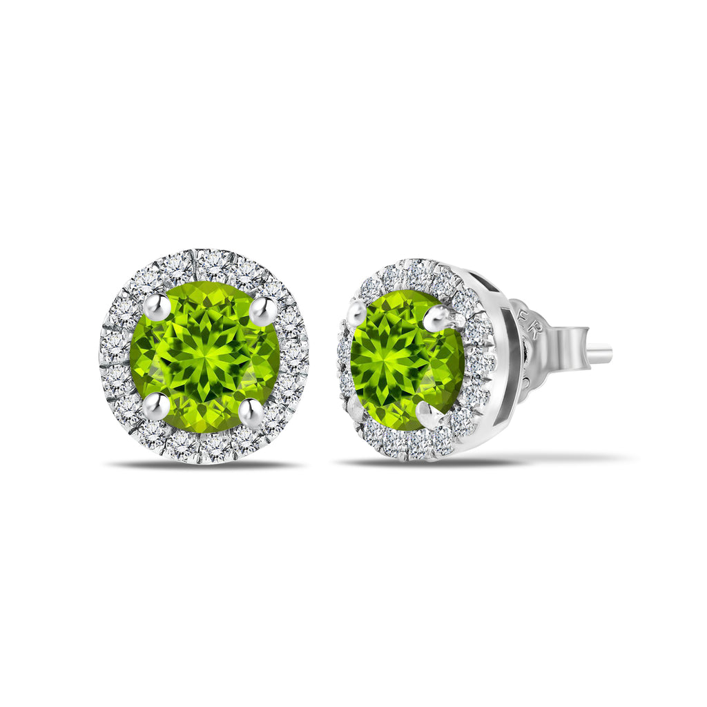 JeenMata 3 Carat - August Peridot Birthstone Halo Stud Earrings - Round Cut in 18K White Gold Plating for Women