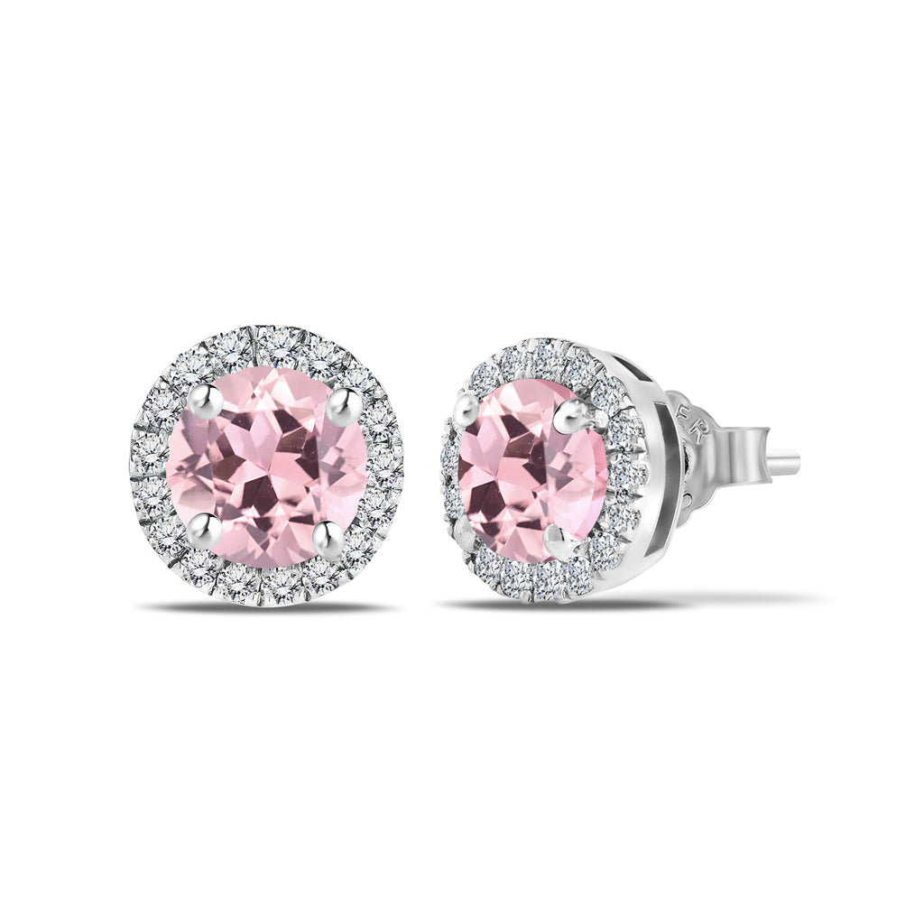 JeenMata 3 Carat - October Pink Tourmaline Birthstone Halo Stud Earrings - Round Cut in 18K White Gold Plating for Women