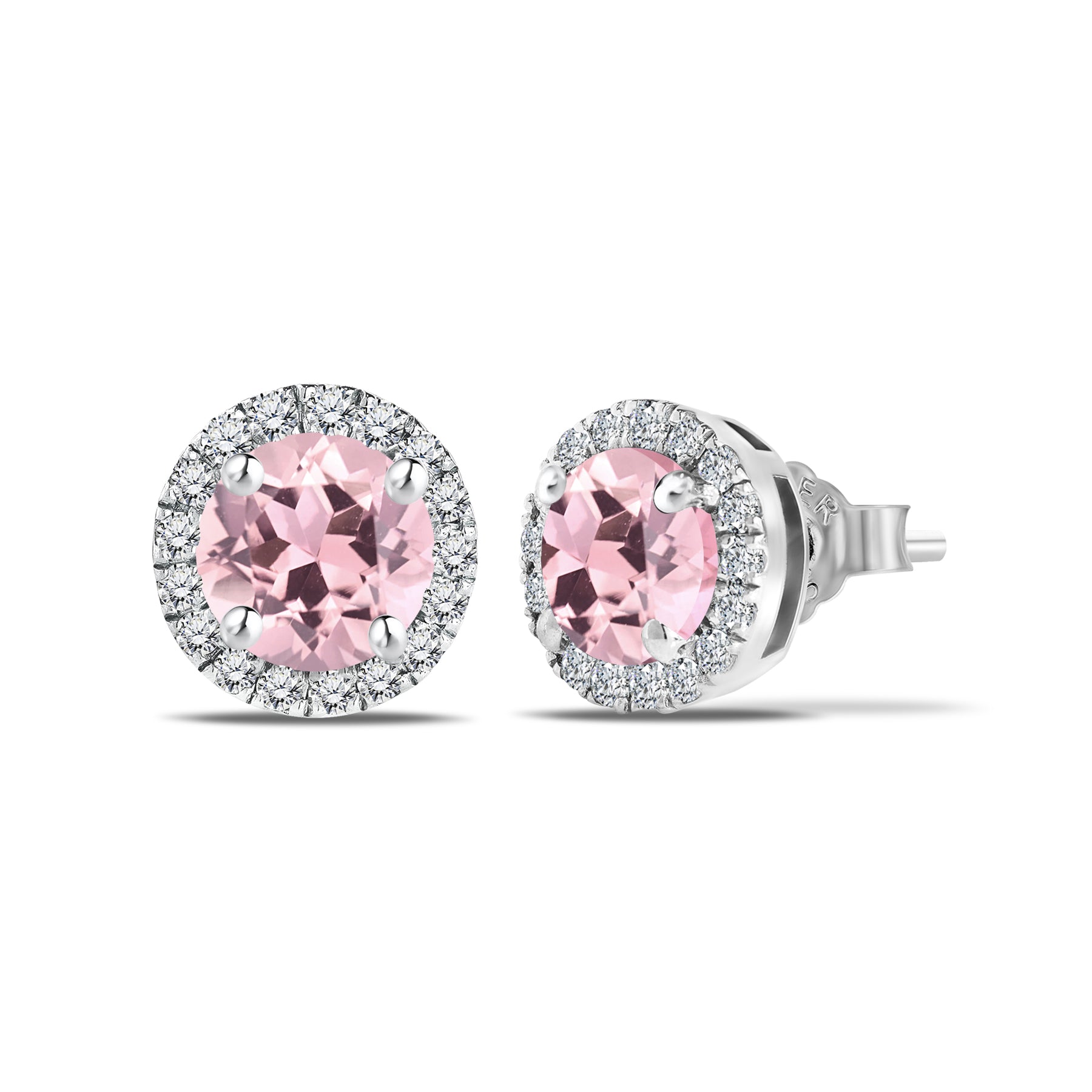 JeenMata 3 Carat - October Pink Tourmaline Birthstone Halo Stud Earrings - Round Cut in 18K White Gold Plating for Women