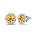 JeenMata 3 Carat - November Citrine Birthstone Halo Stud Earrings - Round Cut in 18K White Gold Plating for Women