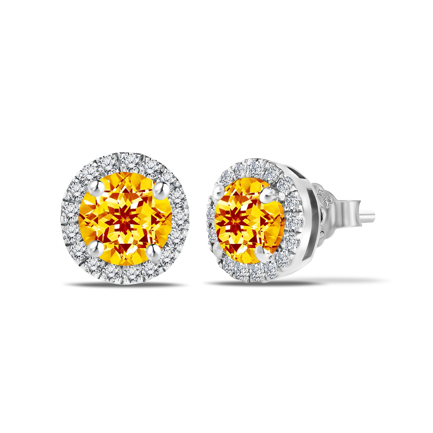 JeenMata 3 Carat - November Citrine Birthstone Halo Stud Earrings - Round Cut in 18K White Gold Plating for Women