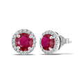 JeenMata 3 Carat - July Ruby Birthstone Halo Stud Earrings - Round Cut in 18K White Gold Plating for Women