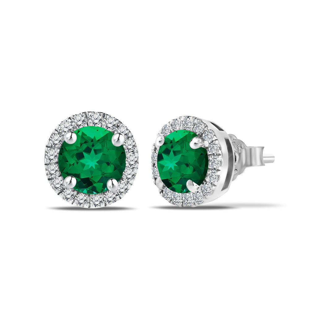 JeenMata 3 Carat - May Emerald Birthstone Halo Stud Earrings - Round Cut in 18K White Gold Plating for Women