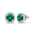 JeenMata 3 Carat - May Emerald Birthstone Halo Stud Earrings - Round Cut in 18K White Gold Plating for Women