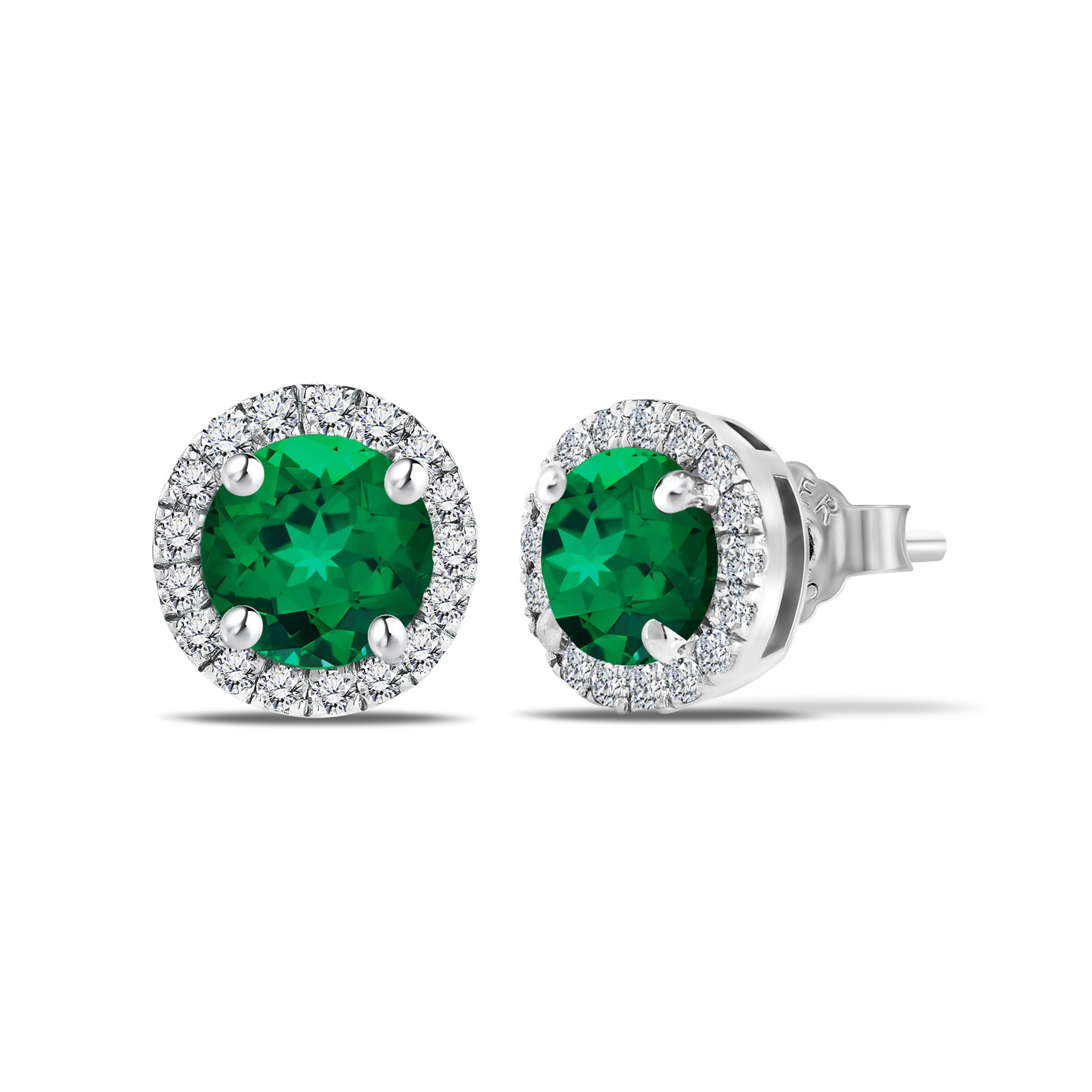 JeenMata 3 Carat - May Emerald Birthstone Halo Stud Earrings - Round Cut in 18K White Gold Plating for Women