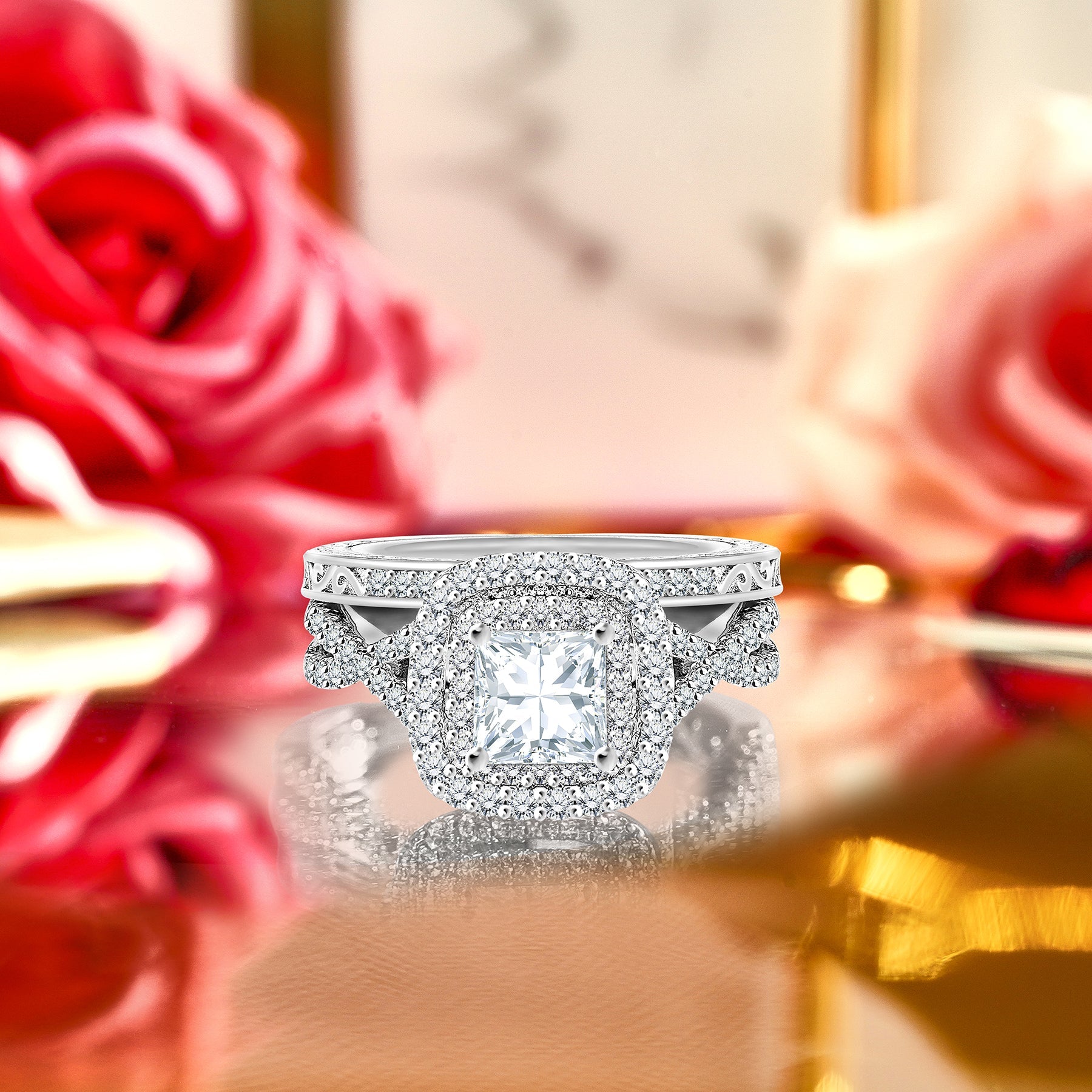 Double Halo 1.25 ct Square Moissanite Infinity Bridal Set