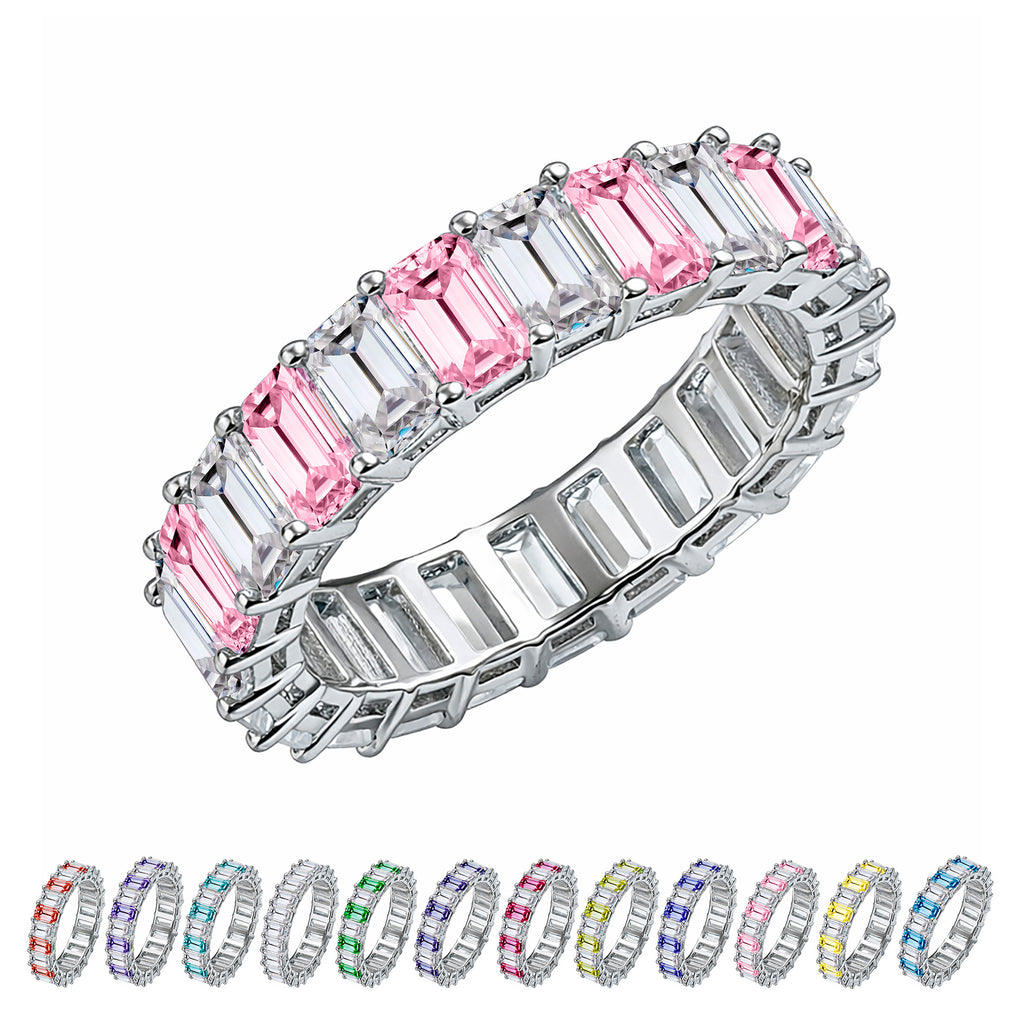 JeenMata 10 Carat Emerald Cut October Birthstone - Multicolor Eternity Wedding Band - Pink Tourmaline & Cubic Zirconia Rings in 18K White Gold Plating for Women