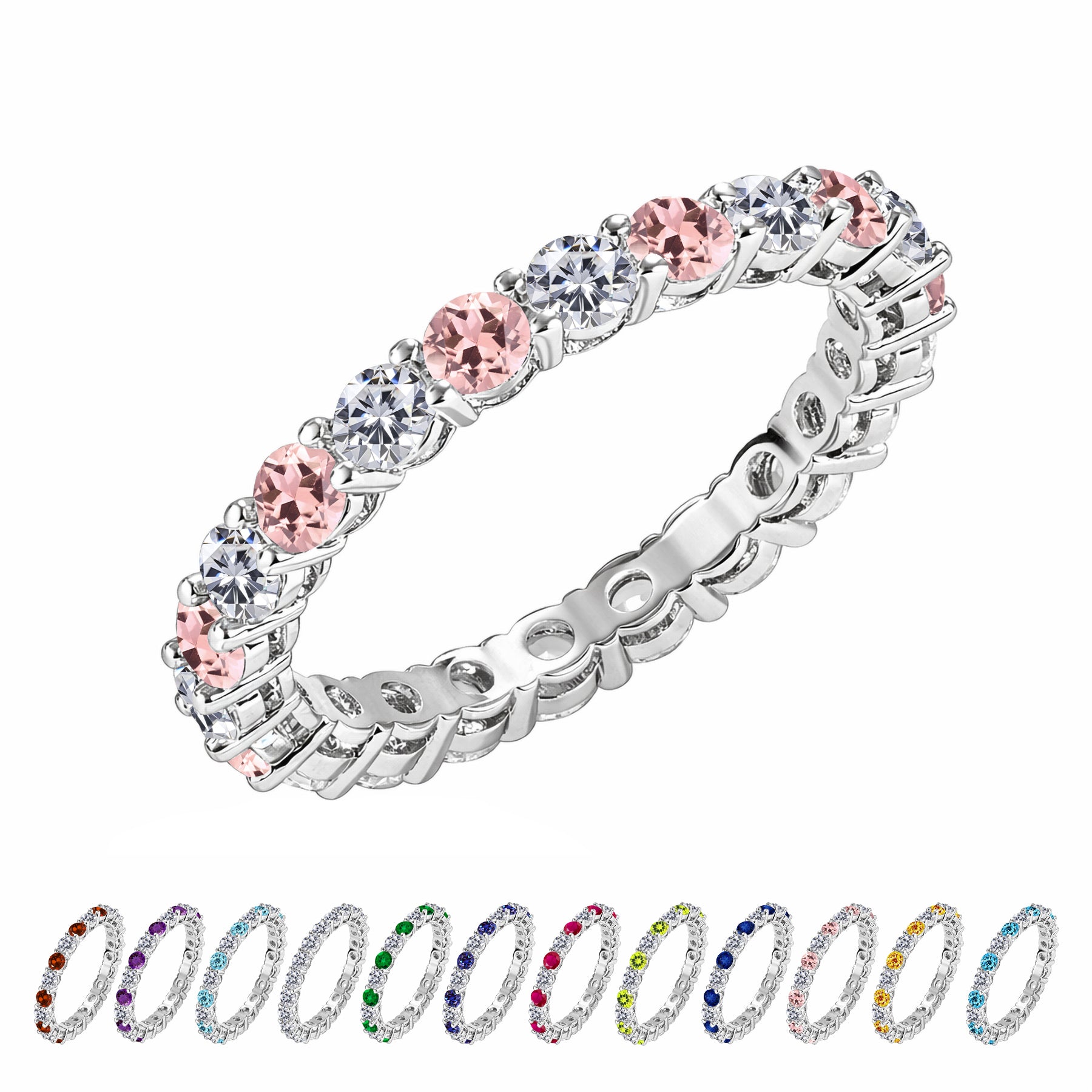 JeenMata 3.5 Carat Round Cut October Birthstone - Multicolor Eternity Wedding Band - Pink Tourmaline & Cubic Zirconia Rings in 18K White Gold Plating for Women