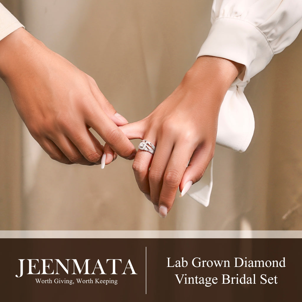 JeenMata Round Cut Lab Grown Diamond - Art Deco Style - Wedding Ring Set in 18K White Gold Plating for Women