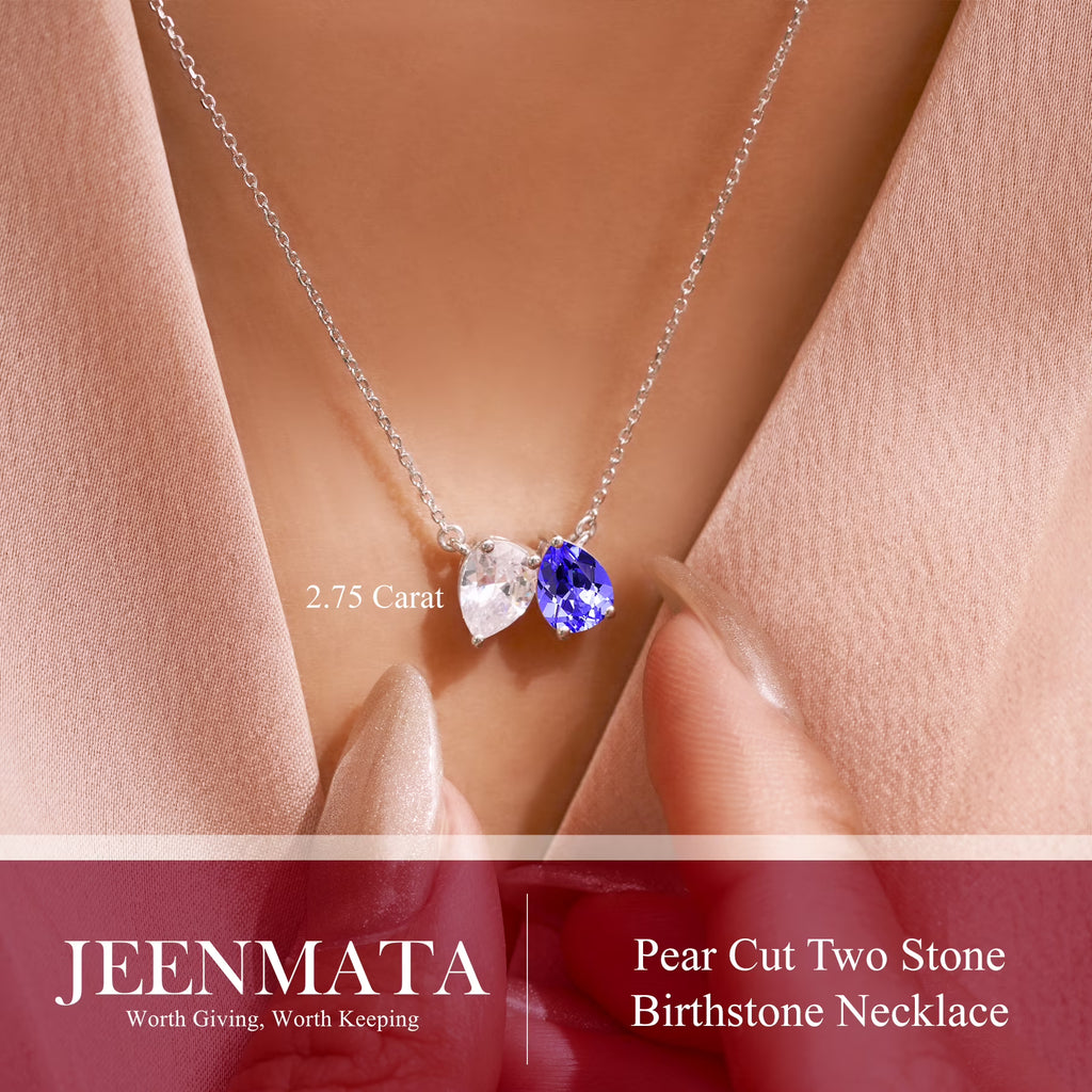 JeenMata 2.75 Carat June Birthstone Necklace - Pear Cut Two Stone Alexandrite & Cubic Zirconia Necklaces in 18K White Gold Plating Gift for Women, Mother, Her