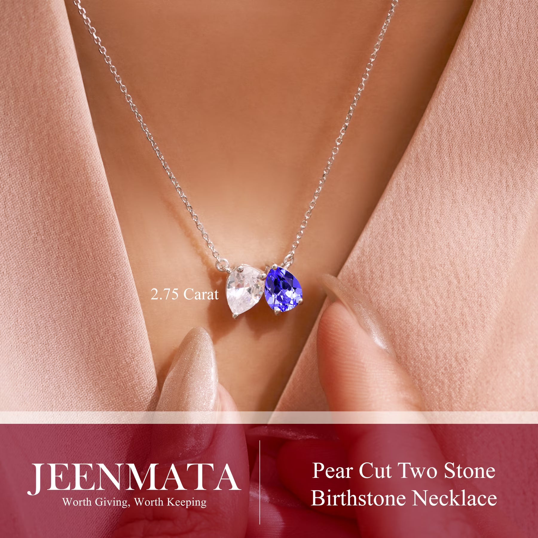 JeenMata 2.75 Carat June Birthstone Necklace - Pear Cut Two Stone Alexandrite & Cubic Zirconia Necklaces in 18K White Gold Plating Gift for Women, Mother, Her