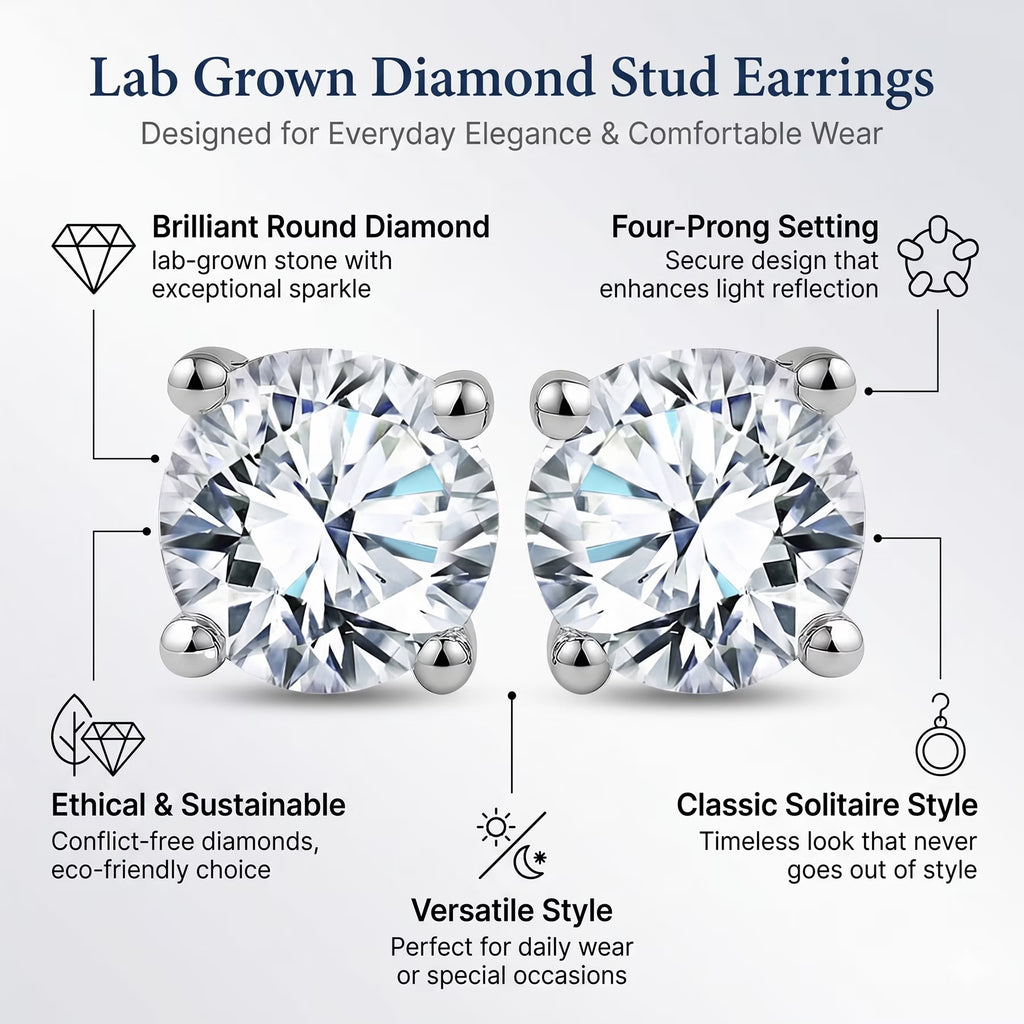 JeenMata Lab Grown Diamond Earrings 1 Carat Round Cut 18K Yellow Gold Plated Solitaire Studs for Women