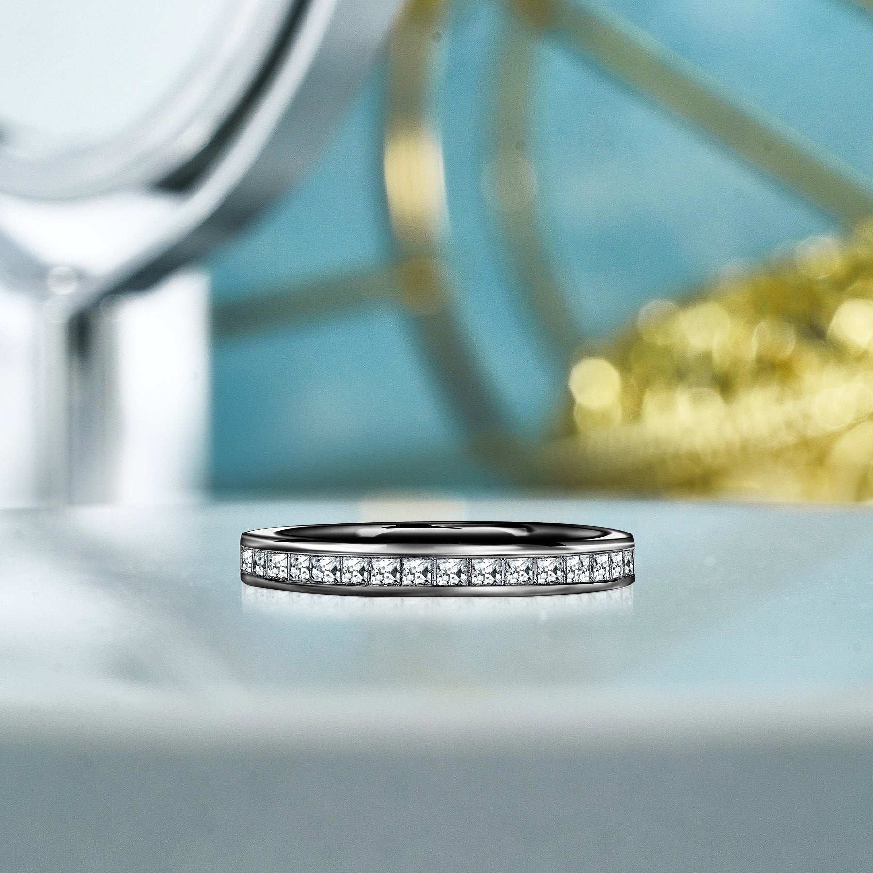 JeenMata 0.25 Carat Princess Cut April Birthstone Wedding Band - Pave Channel Band - 18K White Gold Plating for Women