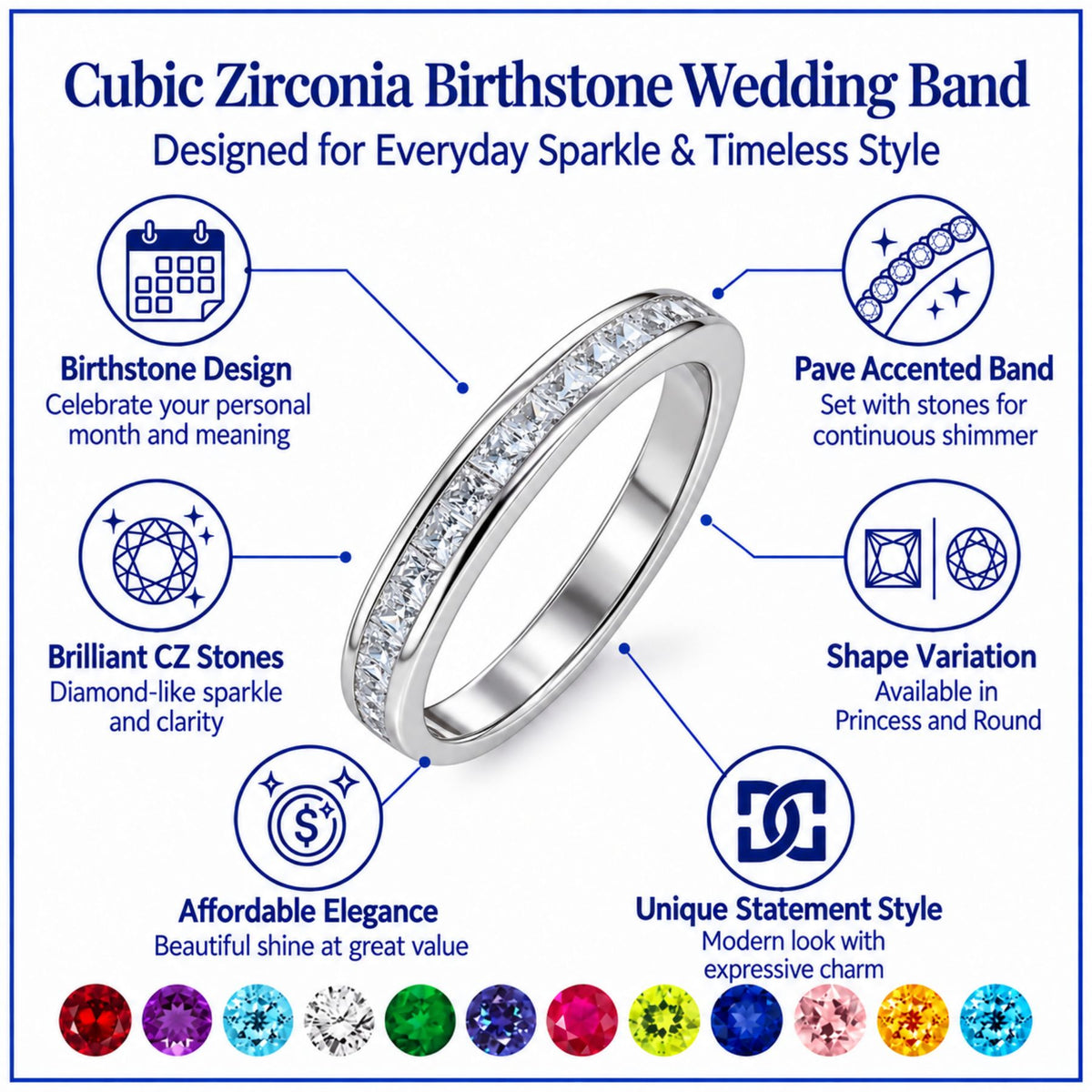 JeenMata 0.25 Carat Princess Cut April Birthstone Wedding Band - Pave Channel Band - 18K White Gold Plating for Women