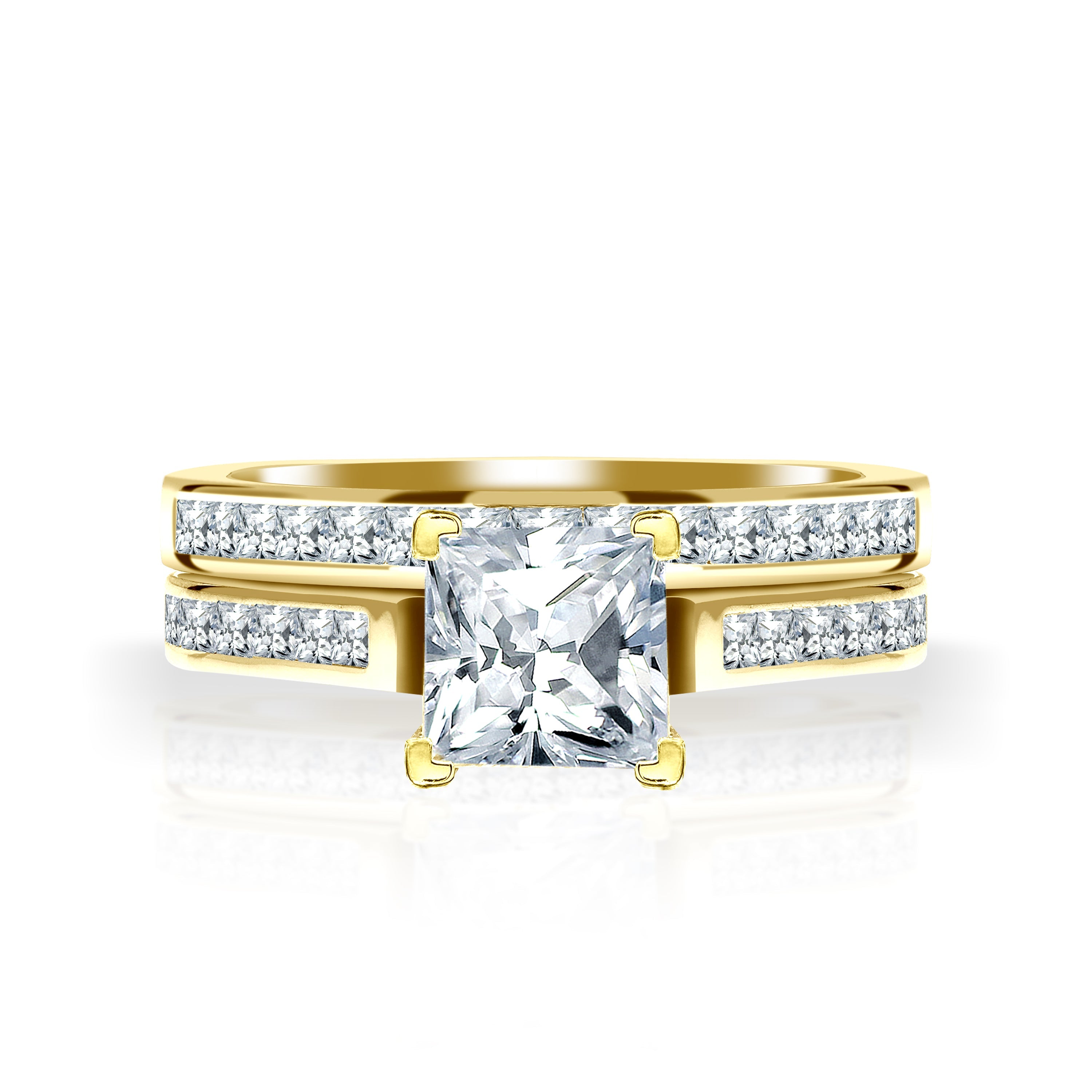 JeenMata 1 Carat Princess Cut Moissanite Wedding Set - Bridal Set - Engagement Ring - Channel Set Ring - Cluster Ring - 18k White Gold Plated for Women