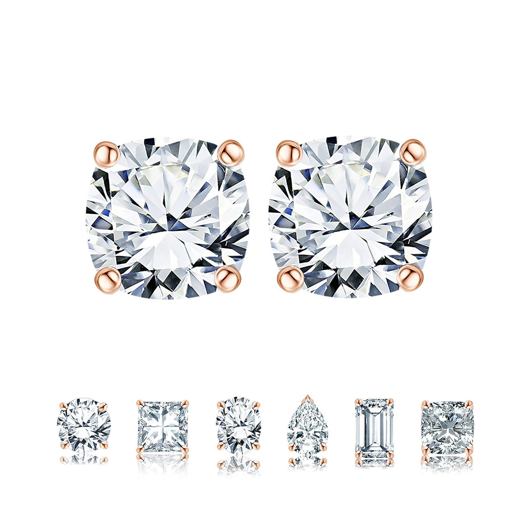 JeenMata 4 Prong - 1 Carat Cushion Cut Moissanite - Solitaire Stud Earrings in 18k Yellow Gold Plating for Women