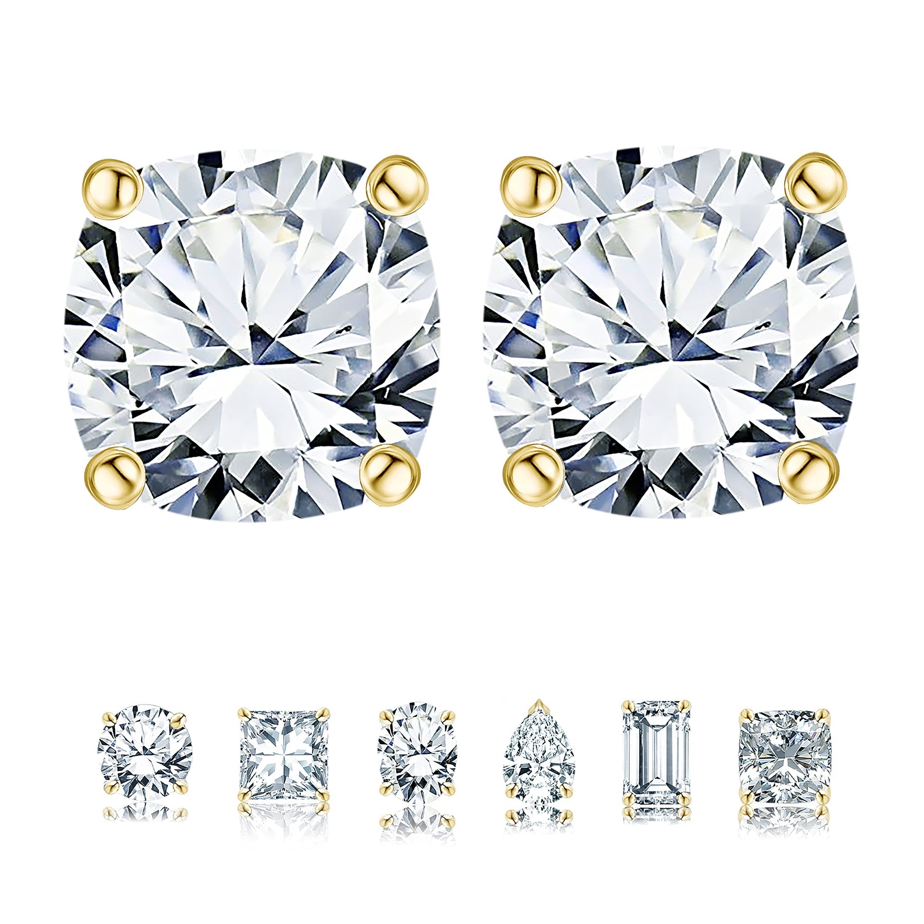 JeenMata 2 Carat Cushion Cut Moissanite 4 Prong Solitaire Stud Earrings in 18k Yellow Gold Plating for Women