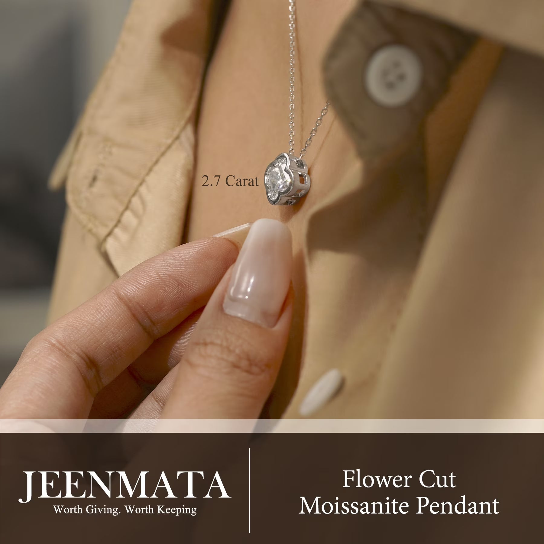 JeenMata 2.7 Carat Flower Cut Moissanite Pendant - Danity Clover Design Necklace in 18K White Gold Plated for Women