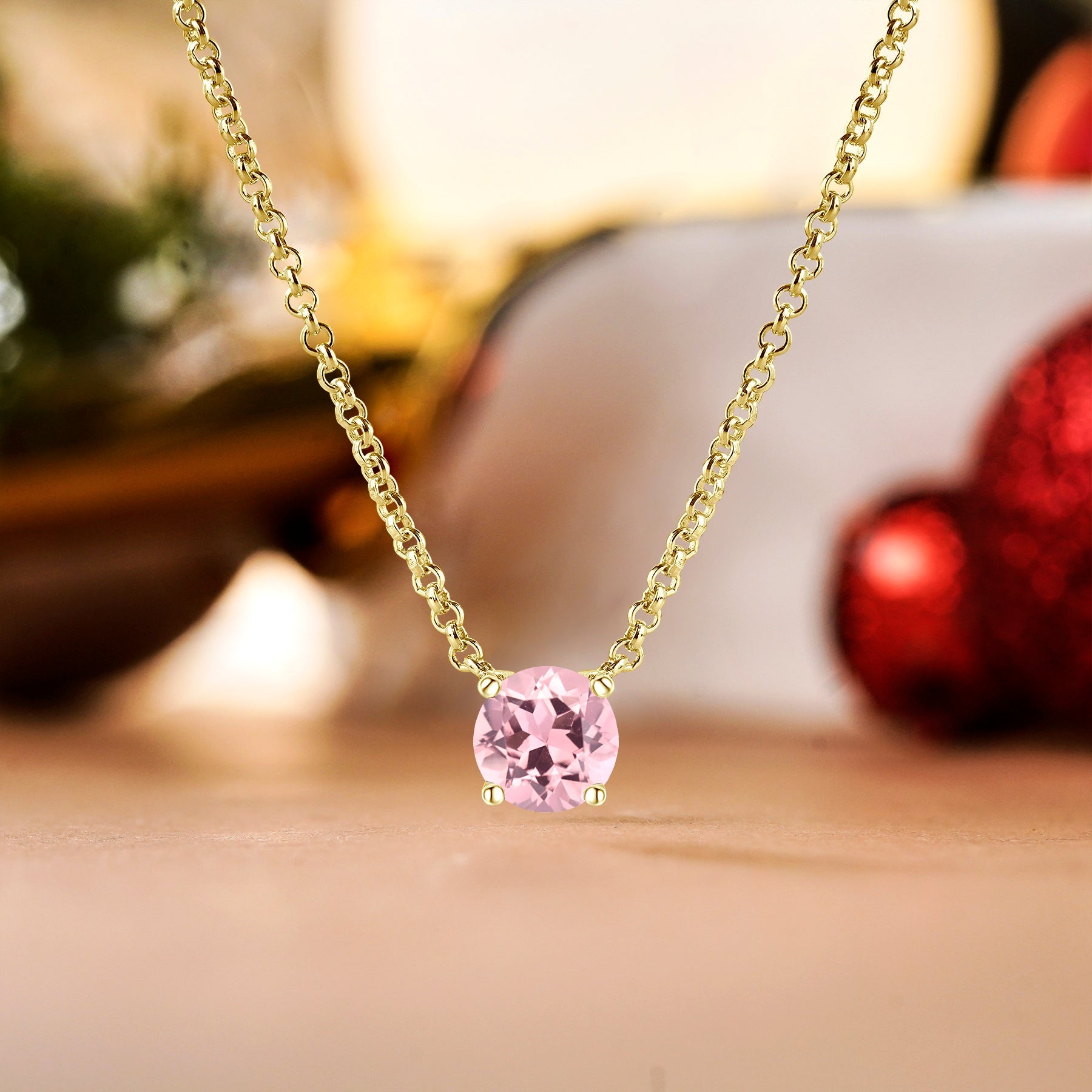 JeenMata 1 Carat Pink Tourmaline - October Birthstone Solitaire Pendant Necklace in 18K Yellow Gold Plated, Female, Adult
