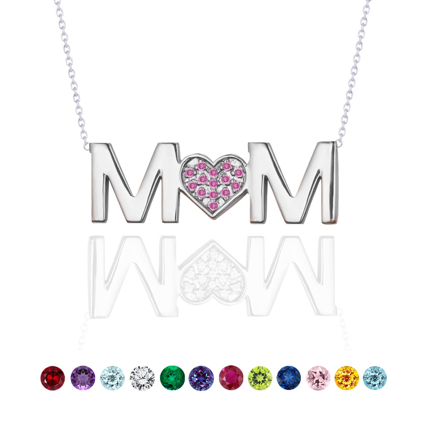MOM Pendant Necklace - Pink Stone - October Birthstone in 18K White Gold over Sterling Silver