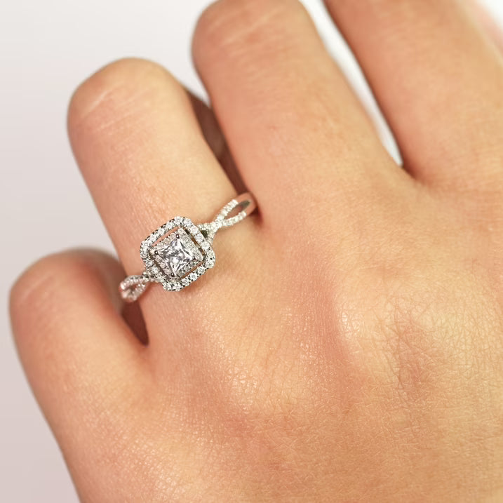 JeenMata Elegant Square Cut Lab Grown Diamond - Twisted Band - Pave - Double Halo Engagement Ring - 10K White Gold