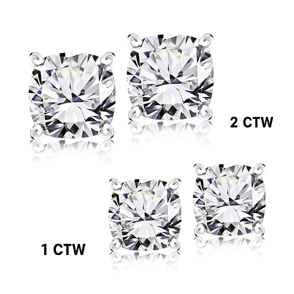 JeenMata 2 Carat Cushion Cut Moissanite Solitaire Stud Earrings In 18K White Gold Plating Over Silver