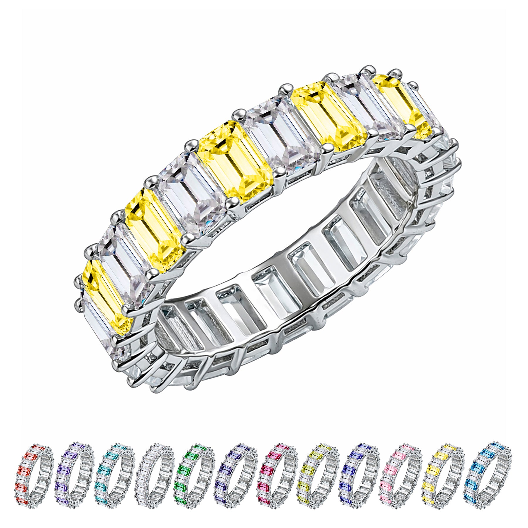 JeenMata 10 Carat Emerald Cut November Birthstone - Multicolor Eternity Wedding Band - Citrine & Cubic Zirconia Rings in 18K White Gold Plating for Women