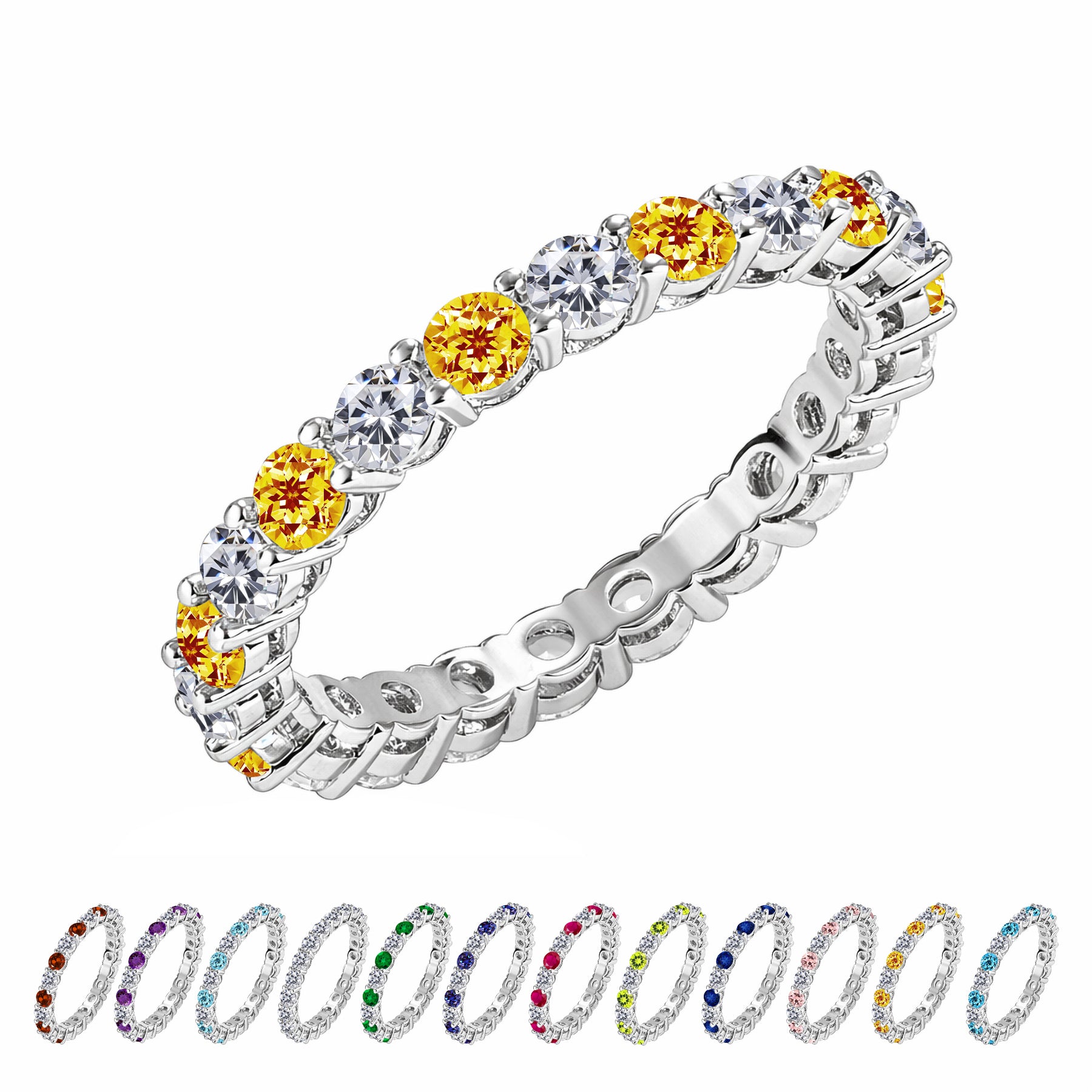 JeenMata 3.5 Carat Round Cut November Birthstone - Multicolor Eternity Wedding Band - Citrine & Cubic Zirconia Rings in 18K White Gold Plating for Women