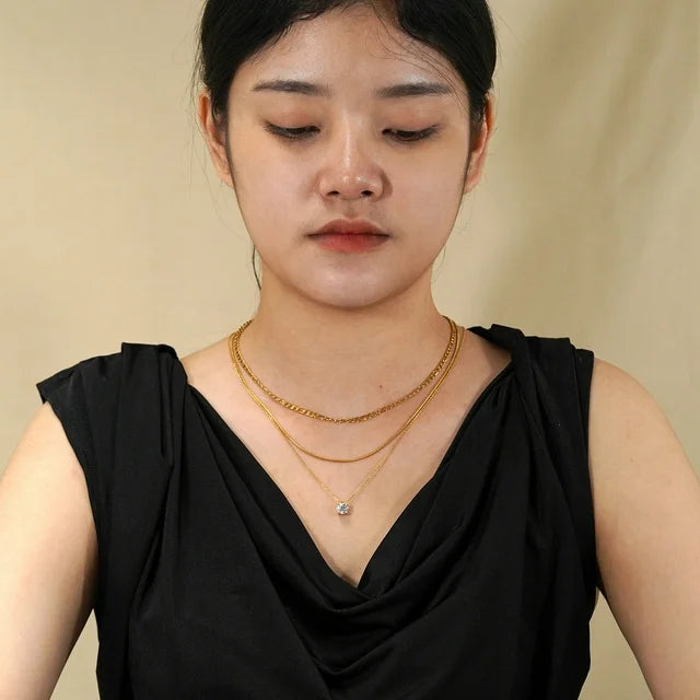JEENMATA Multipack 3 pc Women Layered Pendant Necklace, Yellow Gold Plating, Gold Chain, Choker Necklace, Herringbone Layered Necklace Jewelry Gift