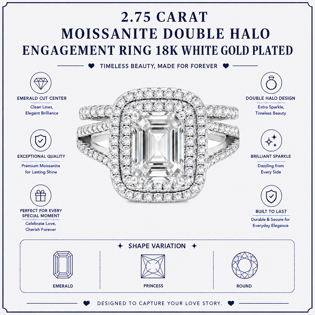 JeenMata 2.75 Carat Emerald Cut Moissanite Double Halo Split Shank Engagement Ring Set in 18K White Gold Plated for Women