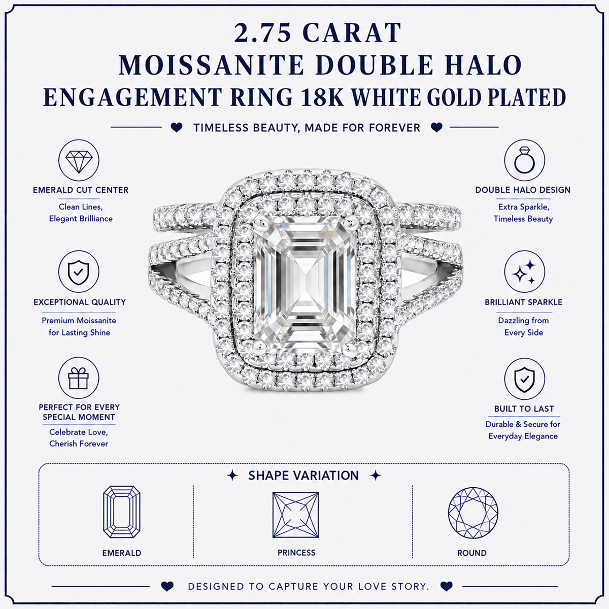 JeenMata 2.75 Carat Emerald Cut Moissanite Double Halo Split Shank Engagement Ring Set in 18K White Gold Plated for Women
