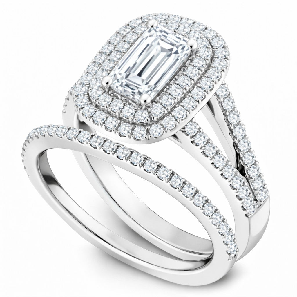 JeenMata 2.75 Carat Brilliant Cut Moissanite Double Halo Split Shank Engagement Ring Set in 18K White Gold Plated for Women